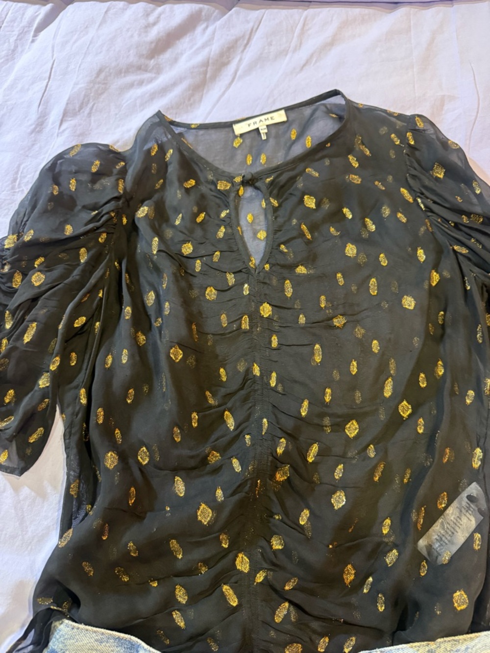 Frame Denim Black Sheer Blouse with Metallic Gold Motif